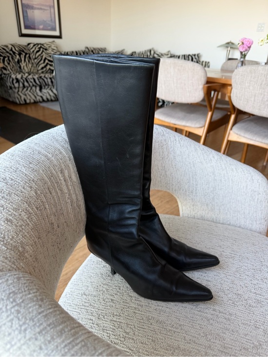 Prada Shoes - Prada Black Leather Pointed Toe Knee High Kitten Heel Boots